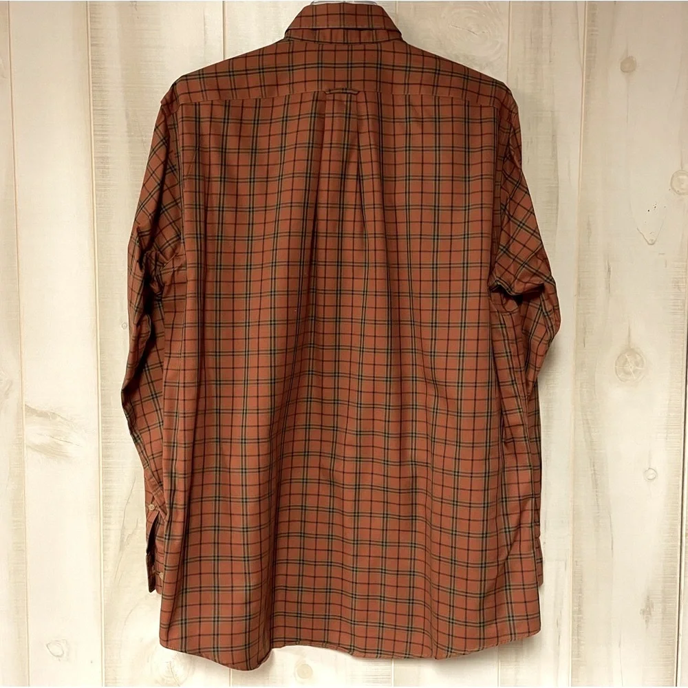 Allen Edmonds Orange Blue Green Plaid 100% Cotton No-Iron Button Down Shirt Sz L - Picture 2 of 5